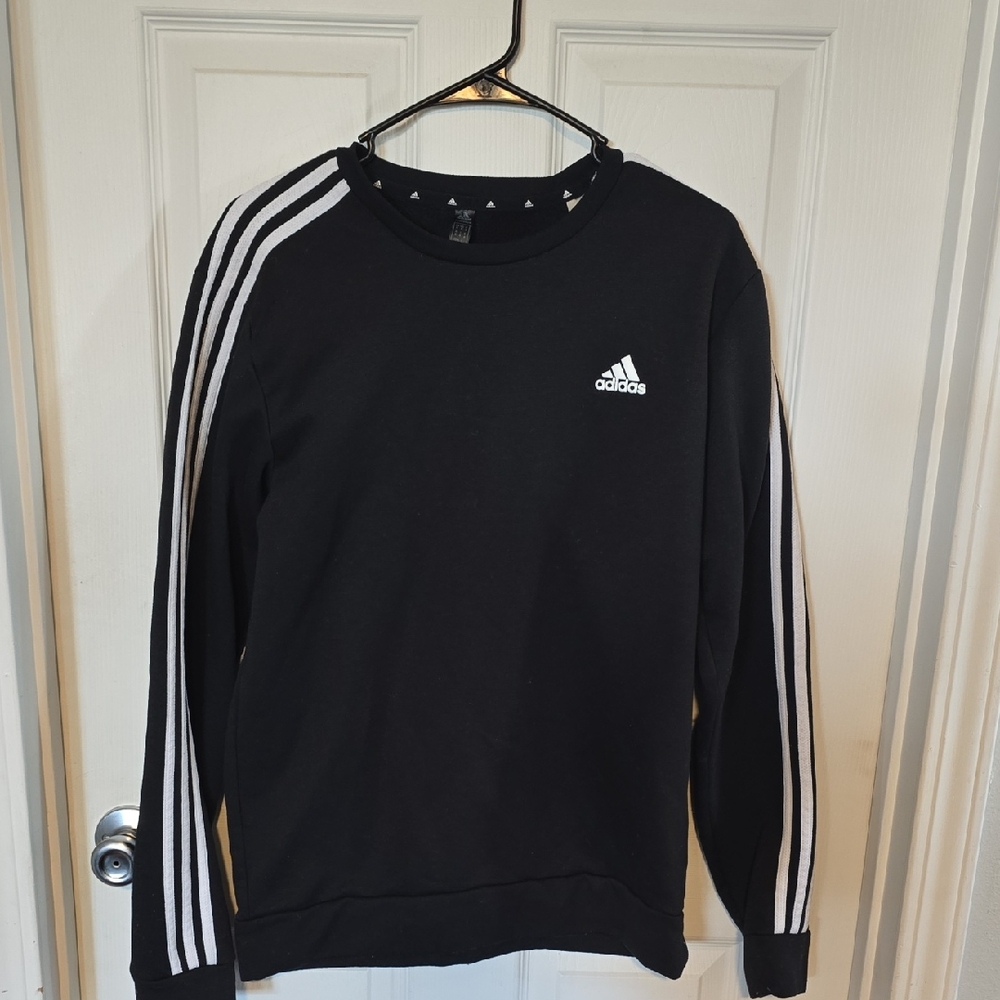Adidas Men's Black Crewneck Sweater with White Stripes